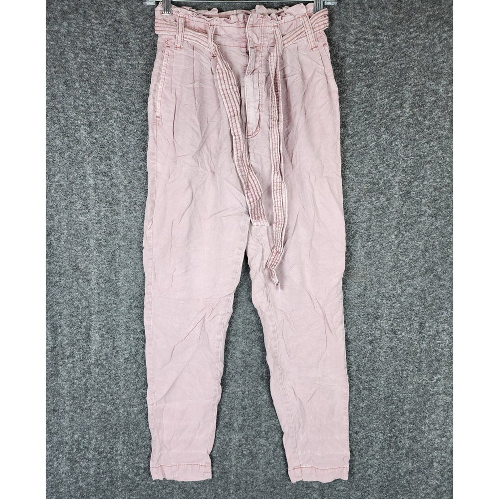 American Eagle Pants Womens 00 Paperbag High Rise Pink Tapered Belted EUC